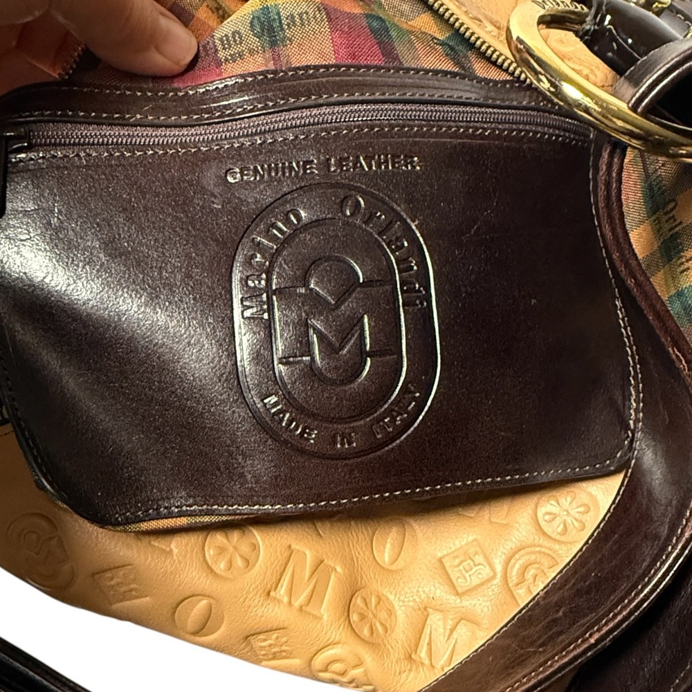 MARINO ORLANDI Vintage Italian Leather Bucket Bag Tan Embossed Monogram Y2K - Picture 14 of 16